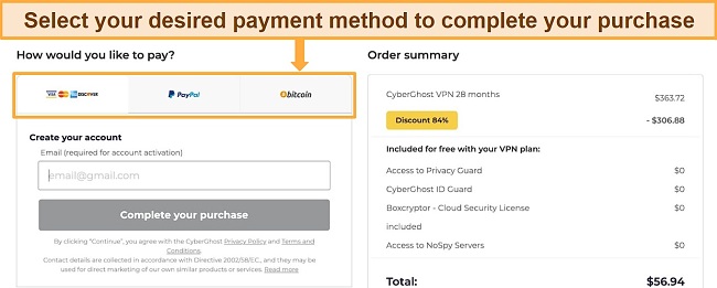 Screenshot of payment methods and order summary on CyberGhost's checkout page
