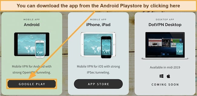 Screenshot of DotVPN's download page for compatible devices