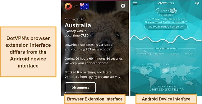 Screenshot of DotVPN browser extension interface and mobile interface