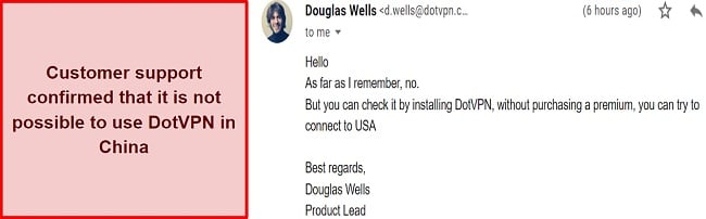 Screenshot of chat with customer support about VPN functionality in China