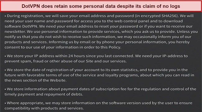 Screenshot of DotVPN privacy policy