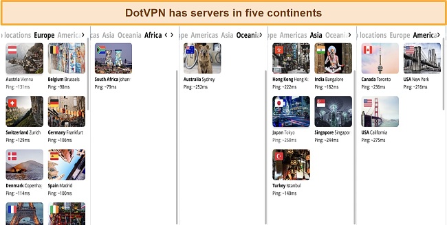 Screenshot of some DotVPN servers