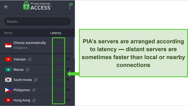 Screenshot of server arrangement in PIA's app