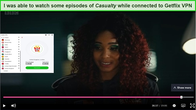 A screenshot of BBC iPlayer being unblocked while connected to Getflix VPN