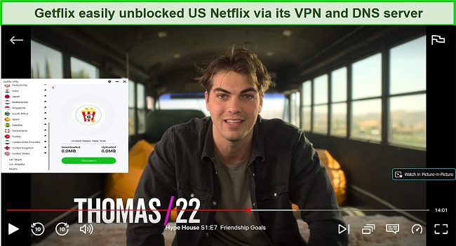 A screenshot of Netflix being unblocked while connected to Getflix VPN
