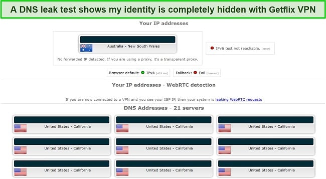 Screenshot of my IP/DNS leak test on a Getflix VPN server