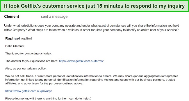 Screenshot of my email exchange with customer support at Getflix VPN
