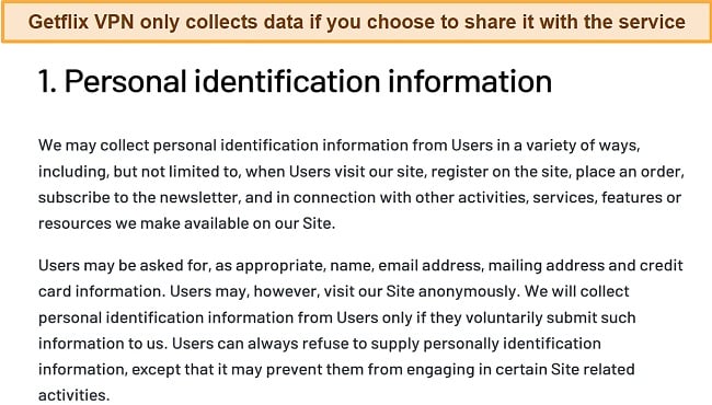 Screenshot showing an excerpt of Getflix VPN privacy statement