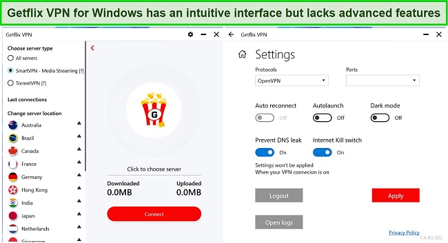 Screenshot of Getflix VPN's Windows user interface
