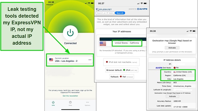 Screenshot of successful IP leak test results showing California, USA while ExpressVPN is connected to a server in LA, USA