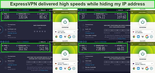 Screenshot speed test results on ExpressVPN servers in the US, Germany, the UK, and Australia