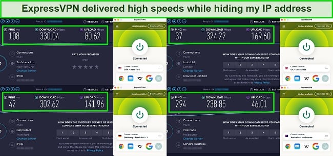 Screenshot of ExpressVPN speed test results in 4 locations