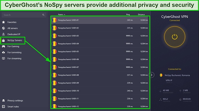 Screenshot of CyberGhost NoSpy servers in the Windows app