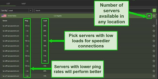 Screenshot of IPVanish US servers showing user load and latency in the Windows app