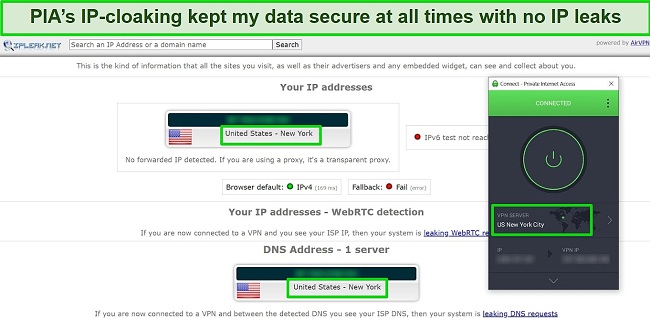 Screenshot of successful IP leak test results showing New York, USA while Private Internet Access is connected to a server in New York, USA