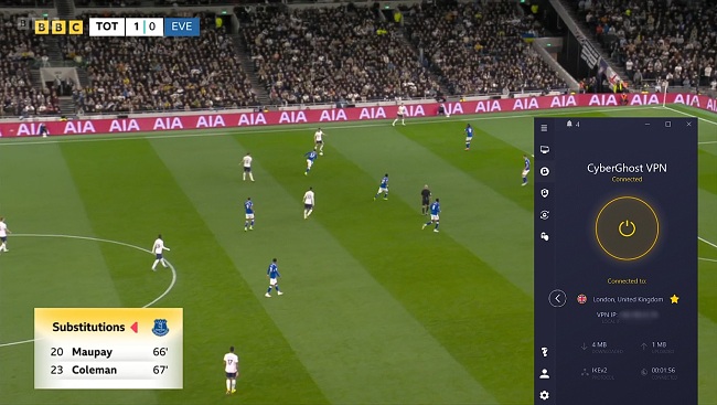 Screenshot of Match of the Day on BBC iPlayer while CyberGhost is connected to an optimized server in the UK