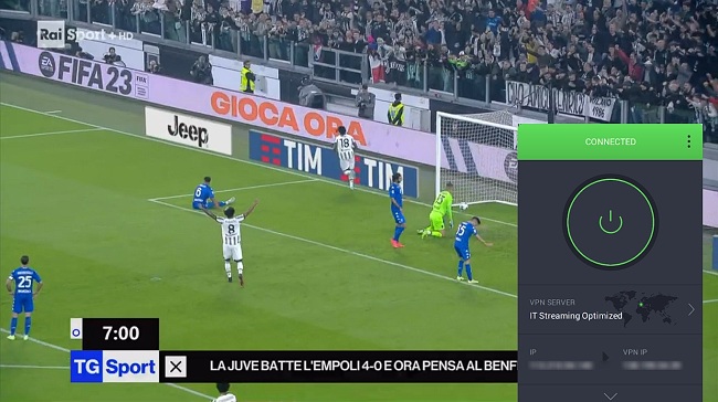 Screenshot of Juventus - Empoli highlights on RaiPlay while PIA is connected to a server in Italy