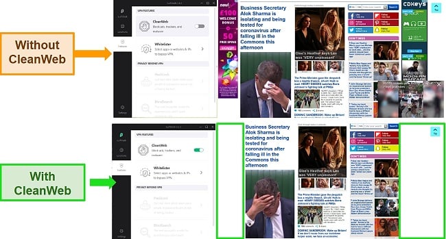 Screenshot of Surfshark's CleanWeb blocking ads on news sites