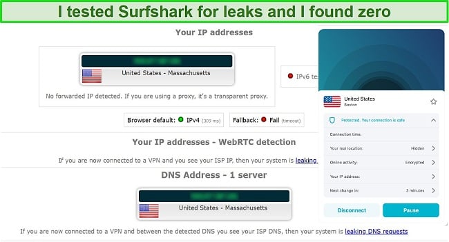 Screenshot of a Surfshark review showcasing DNS test leak results, indicating the security and performance metrics.