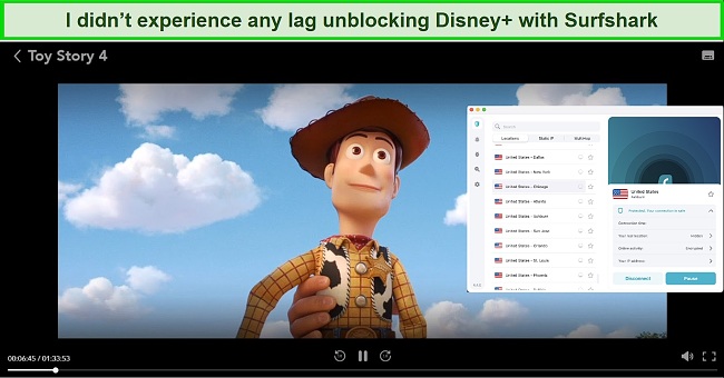 Screenshot of Toy Story 4 streaming on Disney+ with Surfshark connected to a US server