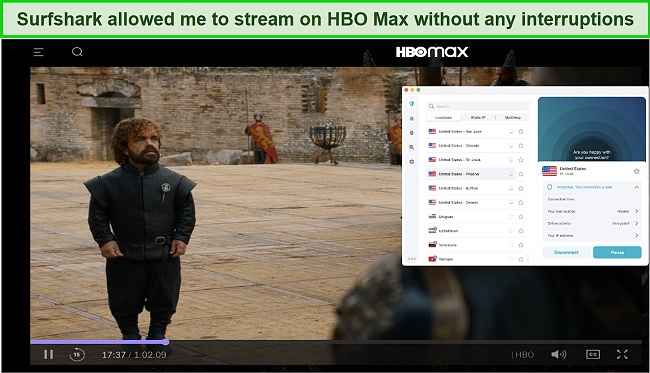 Screenshot of Game of Thrones streaming on HBO Max and Surfshark connected to a US server