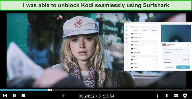 Screenshot of PopcornFlix on Kodi streaming a movie and Surfshark connected to a US server