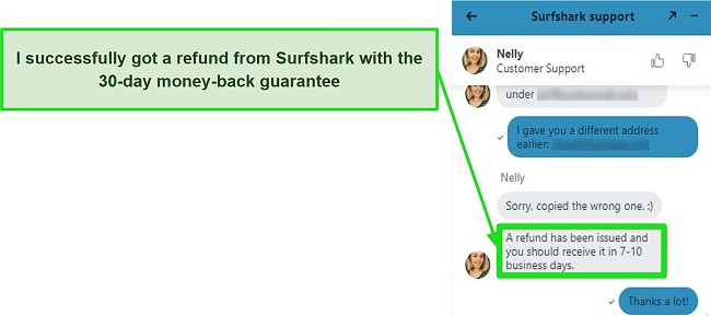 Screenshot of Surfshark live chat and a refund request