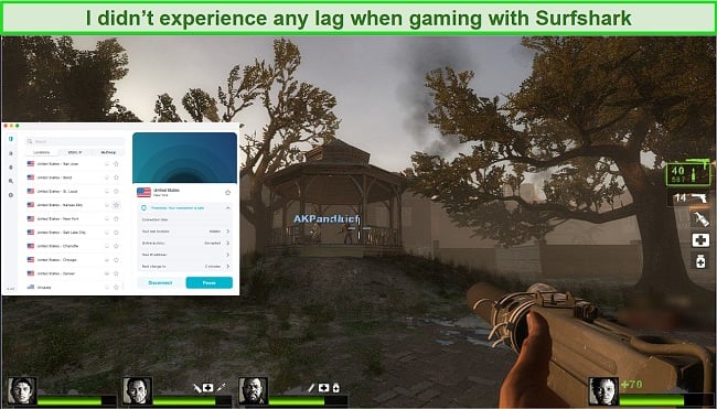 Screenshot of playing Left 4 Dead 2 using NordVPN's server in the US