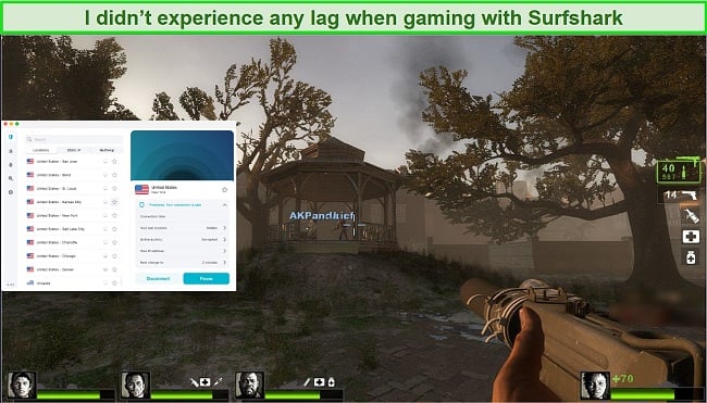 Screenshot of playing Left 4 Dead 2 game online while Surfshark is connected to a server in the US