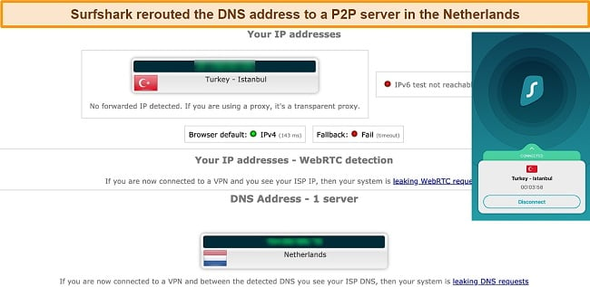 Screenshot of leak test results with Surfshark connected to a server in Turkey and DNS server in the Netherlands