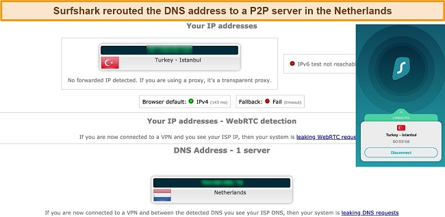 Screenshot of leak test results with Surfshark connected to a server in Turkey and DNS server in the Netherlands