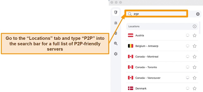 Screenshot of locating torrenting servers in Surfshark app by typing P2P to the search bar