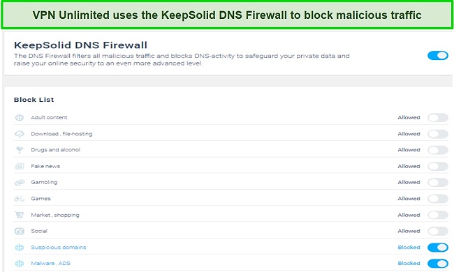 Screenshot of DNS Firewall features on VPN Unlimited