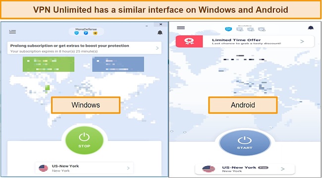 Screenshots from VPN unlimited's Windows and Android app interfaces