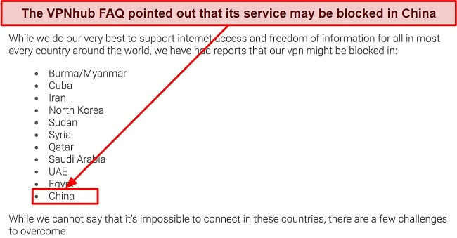 Screenshot from VPNhub FAQ stating its services might be unavailable in China