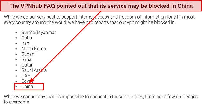 Screenshot from VPNhub FAQ stating its services might be unavailable in China