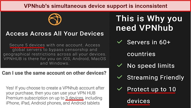 Screenshot showing inconsistencies in VPNhub's support for simultaneous devices