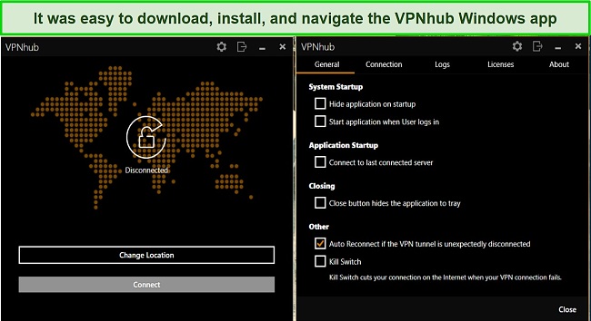Screenshot showing the windows interface of VPNhub