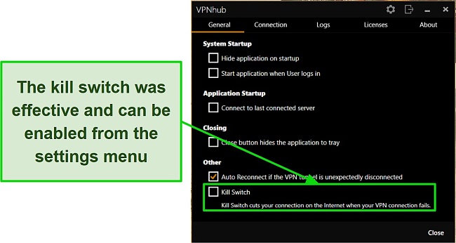 Screenshot of VPNhub's settings menu showing how to activate its kill switch