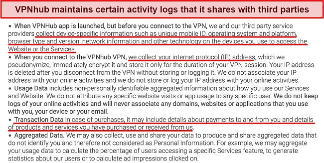 Screenshot showing an excerpt of VPNhub privacy policy