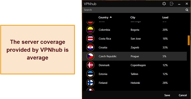 Screenshot of some VPNhub's server locations