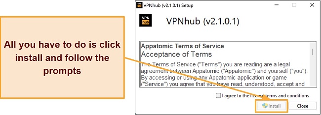 Screenshot showing the terms of service dialog box