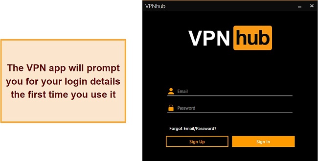 Screenshot showing VPNhub's login screen