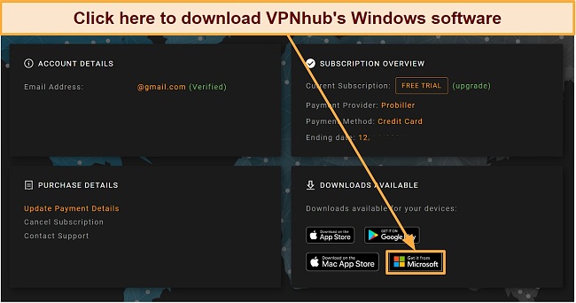 Screenshot showing how to download Windows installation file from VPNhub website