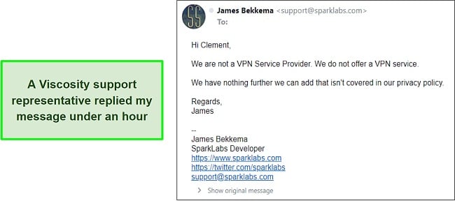 Screenshot of Viscosity's customer service response to my email