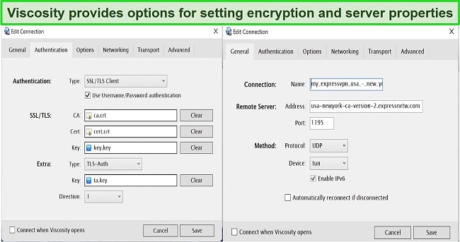 Screenshot showing Viscosity's server properties and encryption options interface