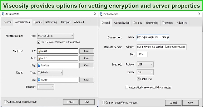 Screenshot showing Viscosity's server properties and encryption options interface