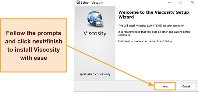 Screenshot illustrating the process of installing the Viscosity set-up file