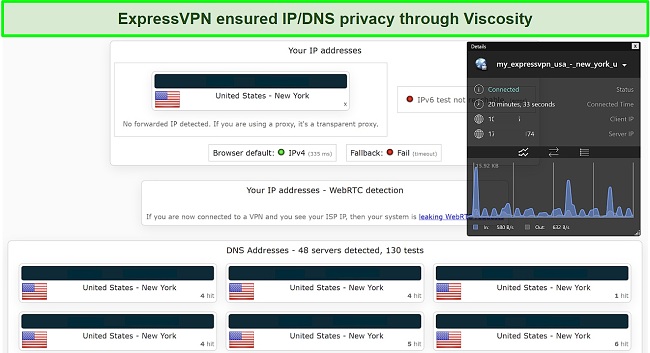 Screenshot of a successful IP and DNS leak test while connected to a server in New York