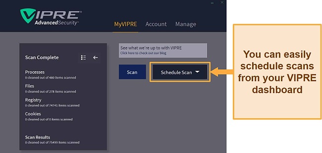 Screenshot of VIPRE Advanced Security dashboard showing scan options